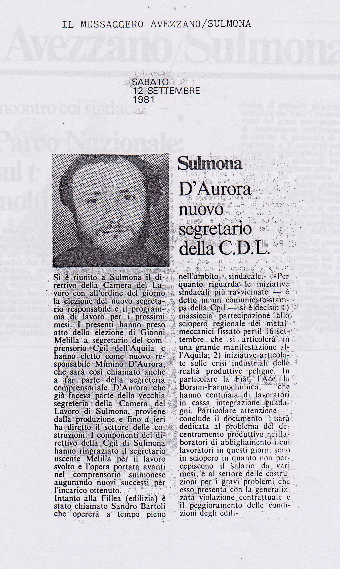 1981.09.12. Messaggero. D'Aurora segretario CdL Sulmona